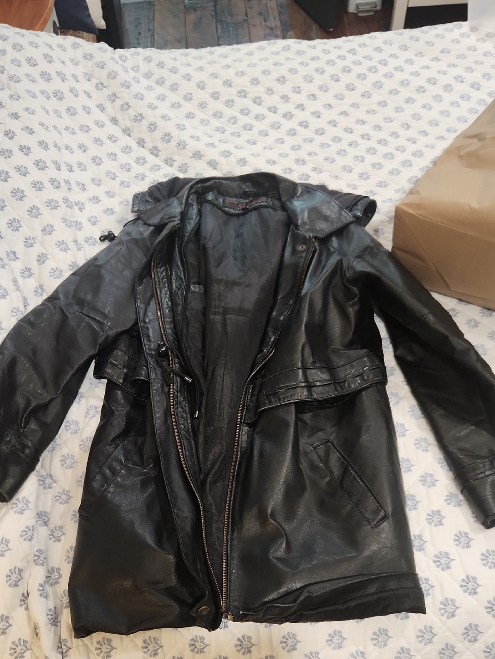 Women's Black Leather Long Jacket with Zip Closure